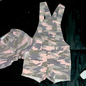 2 items. Size 5t. Shorts and short overalls. Pink and gray. Never worn. New